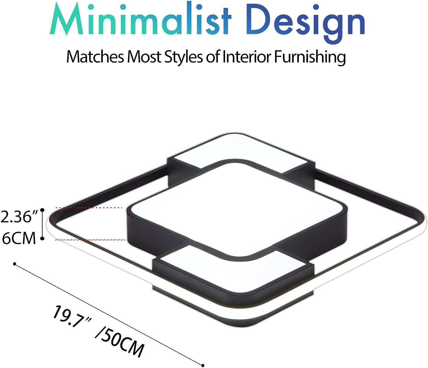 Black rectangular tray with dimensions and text about minimalist design and interior matching.