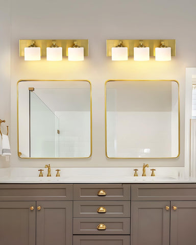 3-Light Matte Brass Bathroom Vanity Light with Frosted Glass Shades