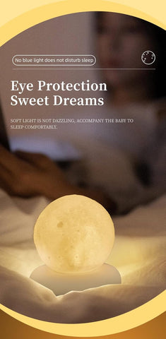 Moon-shaped night light with text about eye protection and sleep on a blurred background