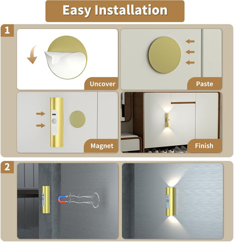Motion Sensor Wall Lights with Remote Control - Rechargeable Battery Operated Wall Sconces Indoor, LED Wireless Magnetic Wall Lamp Set of 2 for Stairs, Hallway, Bedroom, Living Room, Gold