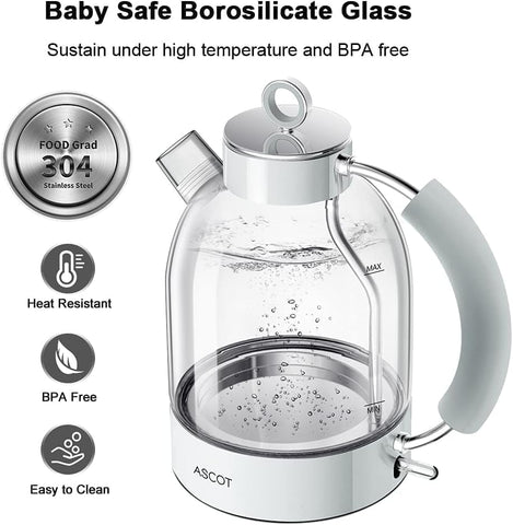 Electric Kettle 1.5L Glass Tea Kettle Rose Gold – Fast Boil, BPA-Free, Auto Shut-Off, Boil-Dry Protection, Gift for Home & Office