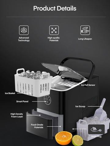 FOHERE Ice Maker Machine Countertop – 14KG/24H – 2 Ice Sizes – Self-Cleaning – Black