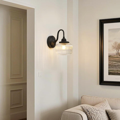 Vintage Gooseneck Wall Light Sconce with Clear Striped Glass Globe Shade Hardwired Bedside Wall Mounted Lamp Fixture