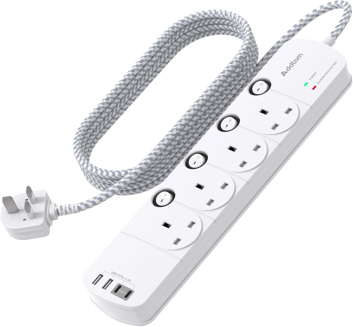 1.8M 4 Way Extension Lead with 4 USB Ports (2 USB-C) – Surge Protection & Individual Switches for a Tidier Home and Workspace