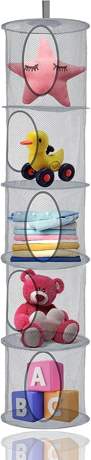 5-Tier Hanging Toy Storage Net, Grey Foldable Polyester Mesh Organiser for Teddy Bears, Soft Toys, Clothes and Bedroom Storage