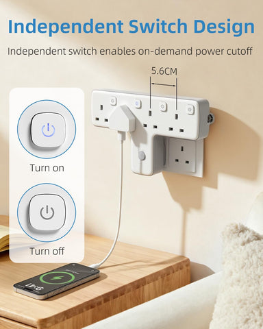 Mscien 4 Way Plug Adapter UK – 180° Rotating Multi Plug Extension with Individual Switches & Surge Protection – Keep Your Everyday Essentials Powered Without the Socket Struggle