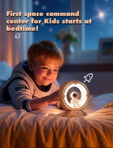 Child in a space-themed outfit lying on a bed with a glowing circular light, surrounded by a cozy bedroom setting.