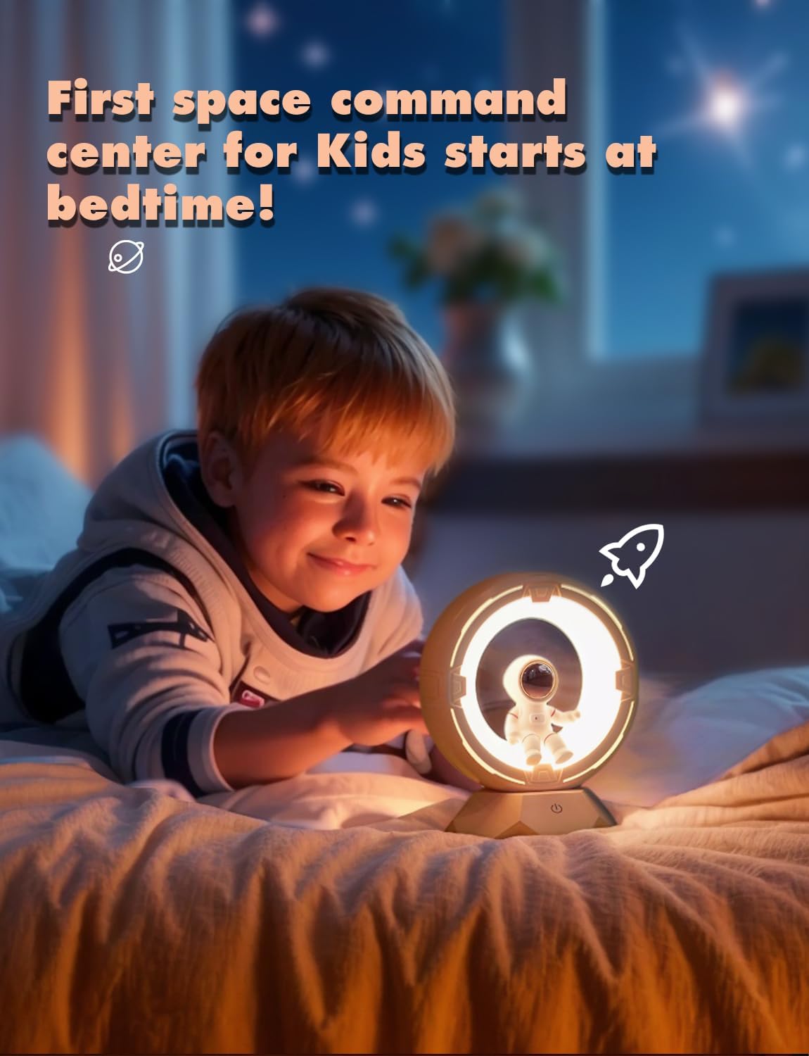 Child in a space-themed outfit lying on a bed with a glowing circular light, surrounded by a cozy bedroom setting.
