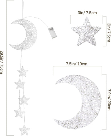 Hanging Moon & Star Fairy Lights, Battery Operated Indoor Decorative Lights with Timer for Bedroom, Window & Ramadan Décor