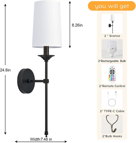 Operated Wall Lights Set of 2 Black Candlestick Powered Sconce with 15 Color Dimmable Remote Control Wireless Lighting, Rechargeable Wall Lights for Indoor Bedroom