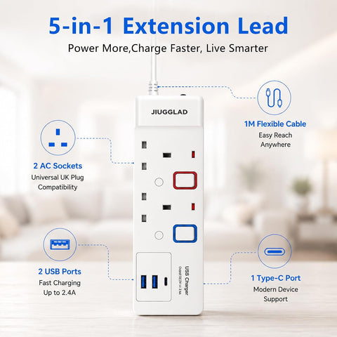 1 Metre Extension Lead with USB Slots – 2 Gang Power Strip with 2 USB-A & 1 USB-C Ports - Keep Everyday Charging Neat, Close & Ready