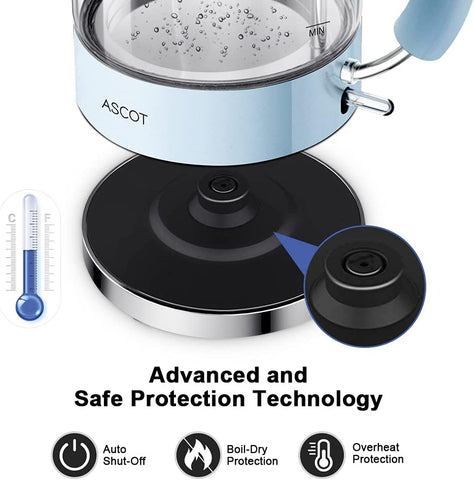 Electric Kettle 1.5L Glass Tea Kettle – Fast Boil Hot Water Boiler – BPA-Free, Auto Shut-Off & Boil-Dry Protection (Blue)