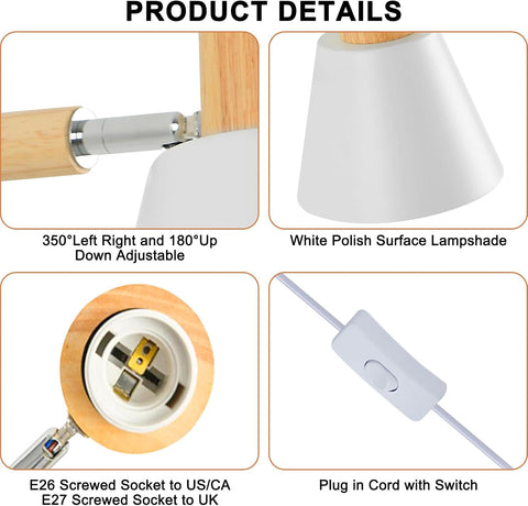 Product details of a wall-mounted light fixture with adjustable design, white lampshade, and electrical components.