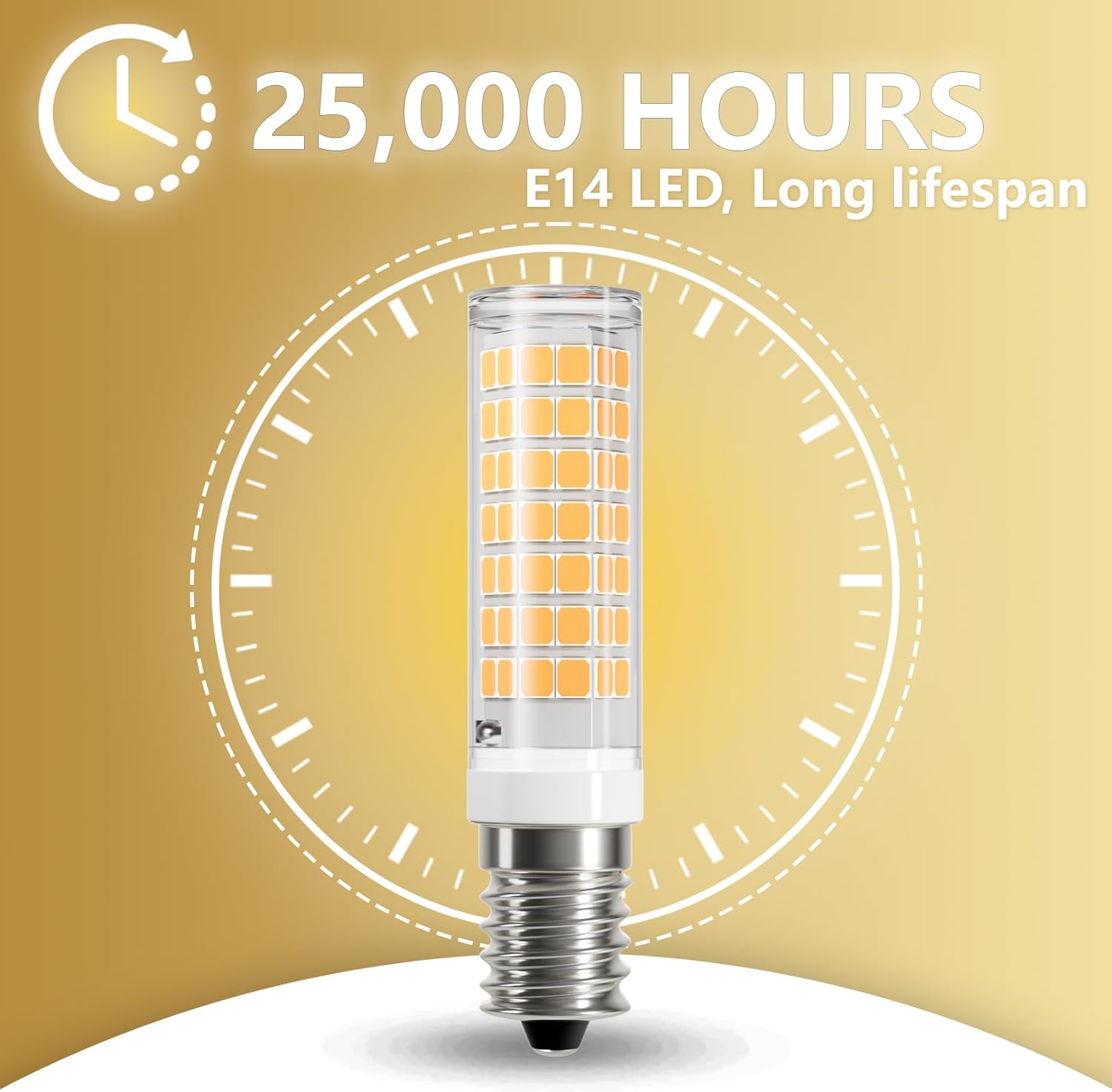 LED light bulb with '25,000 hours' and 'E14 LED, Long lifespan' text on a yellow background