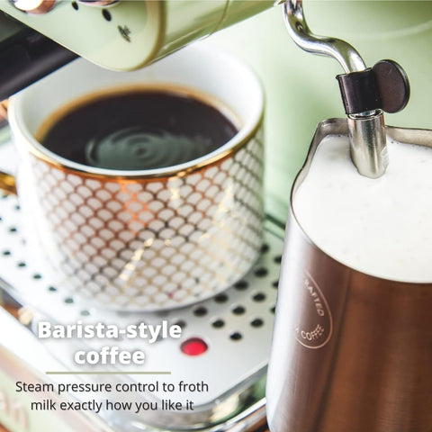 Retro Espresso Coffee Machine with Milk Frother, 15 Bar Pump Pressure, Steam Control, 1.2L Detachable Water Tank, Self-Priming System, ESE Pod Compatible, 1100W –Retro Green