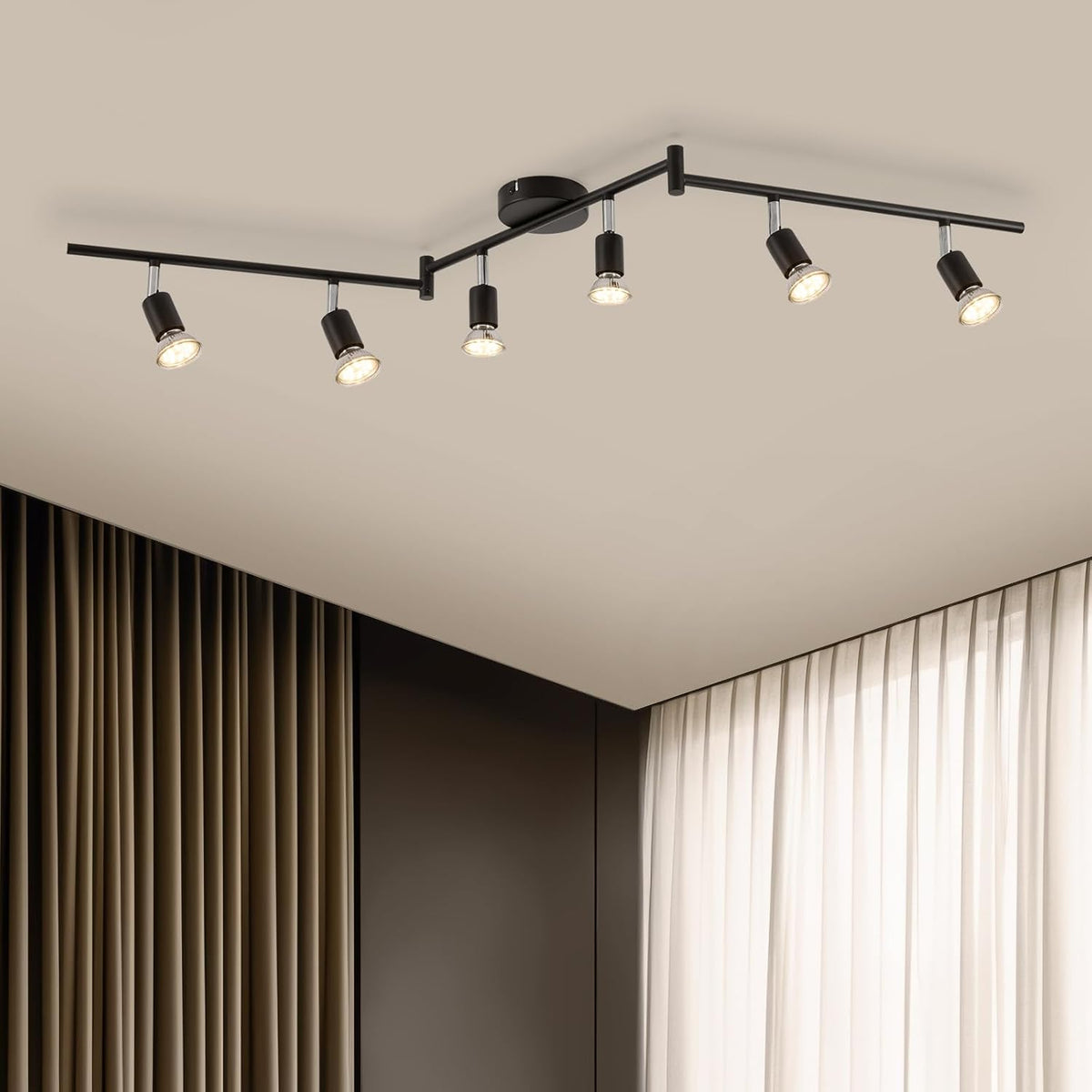 LED Ceiling Lights, 6 Way Spotlights Adjustable, Modern Ceiling Kitchen Light, Black Ceiling Light, Spotlight bar for Living Room Bedroom, 4000K Natural White GU10 6W 220V-240V, Bulbs Included