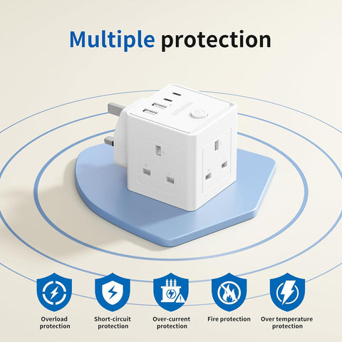 3-Way UK Plug Extension Socket with USB-A & USB-C Charging Ports – Compact Multi Plug Adapter with Safety Protection for Home, Office & Student Rooms – More Charging, Less Desk Clutter