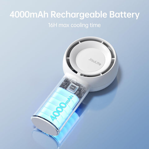 JISULIFE Handheld Turbo Fan- 16H Max Cooling Time Mini Portable Hand, 4000mAh USB Rechargeable Personal, Battery Operated Pocket Fan with 5 Speeds for Travel/Outdoor - White