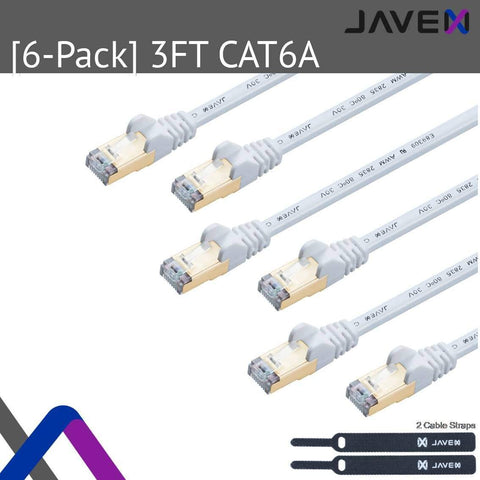 JAVEX CAT7 CAT6A RJ45 S/STP Ethernet Patch Cable White 0.9M 3FT 6-Pack 10Gbps High Speed Shielded LAN Network Cable for Router Gaming UL Listed OFC