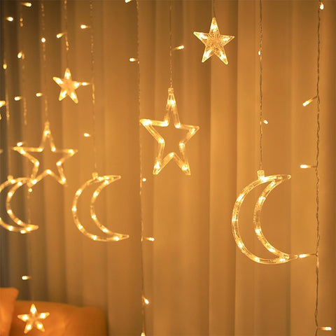 Ramadan Star Moon LED Curtain Lights – 3.5M Warm White String Lights with 8 Flashing Modes, USB & Battery Powered for Indoor and Outdoor Decoration