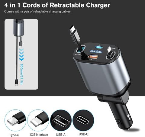 MAGJIEYX 100W Retractable Car Charger Dual USB-Cables & USB Ports