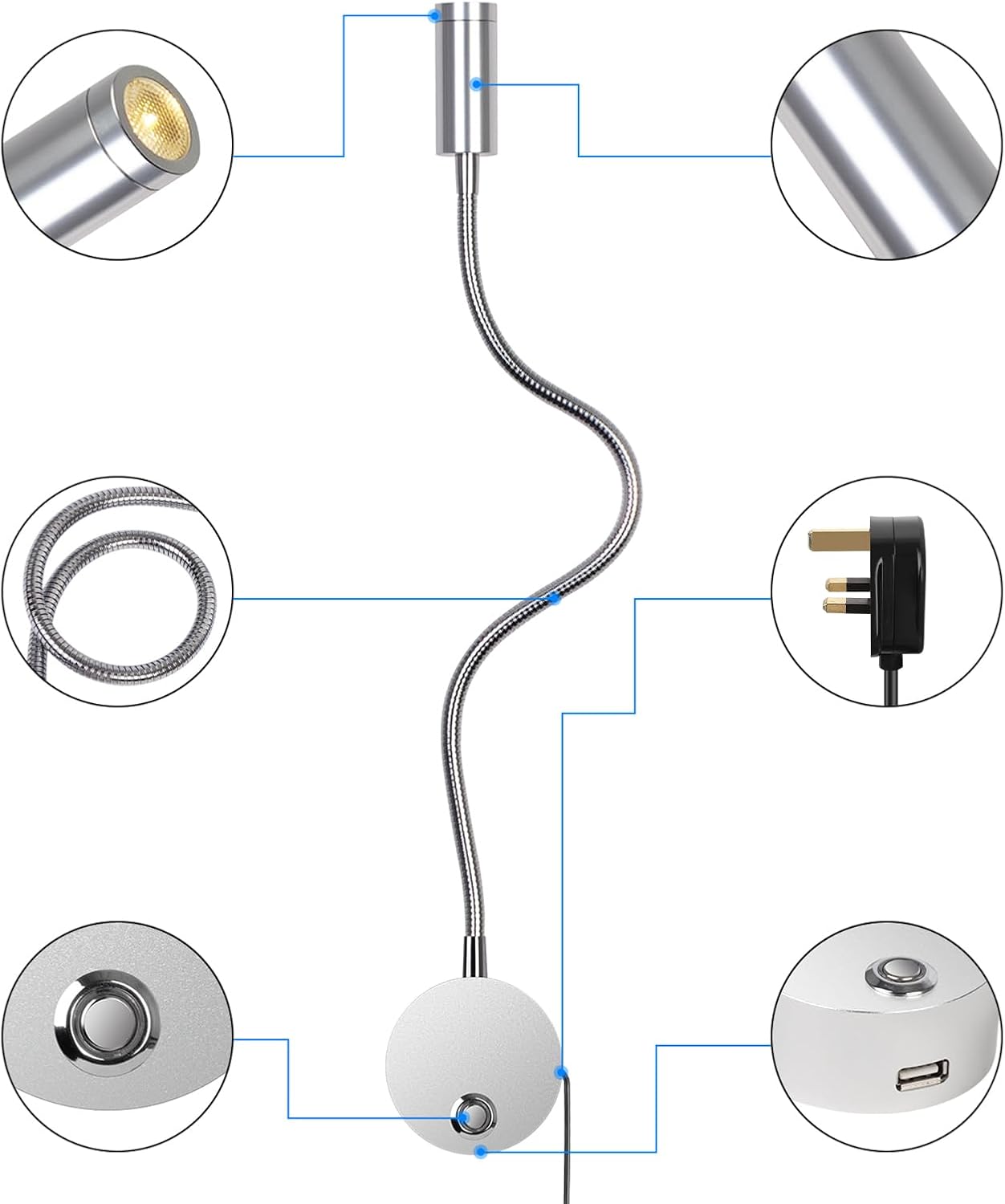 Flexible neck light with detailed components on a white background
