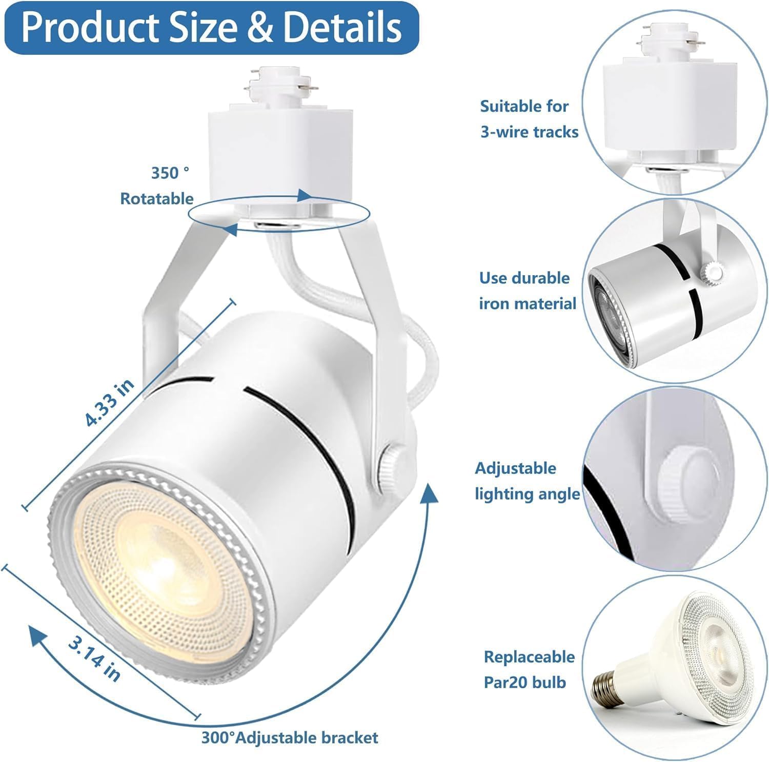 White track light fixture with specifications and features on a white background