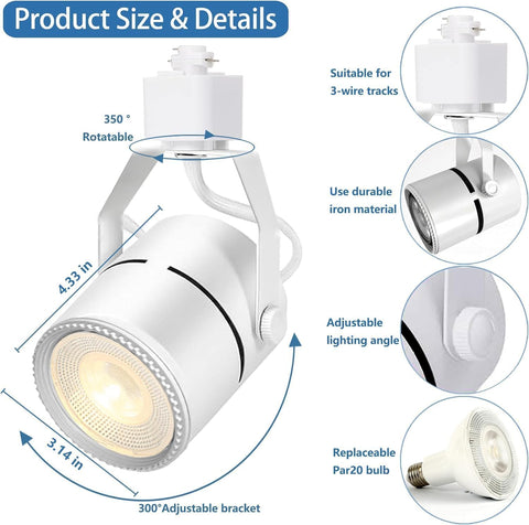 White track light fixture with specifications and features on a white background