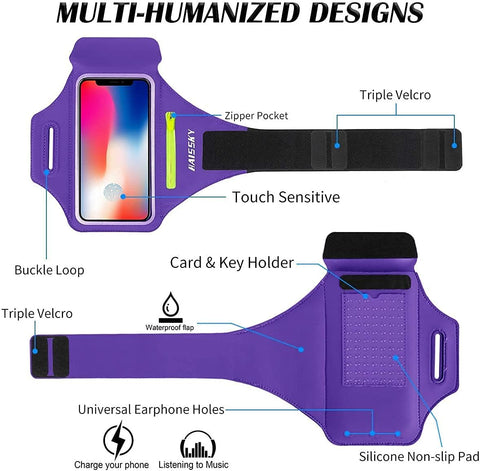 Running Armband with Airpods Pocket Black Sweatproof Gym Phone Holder Purple