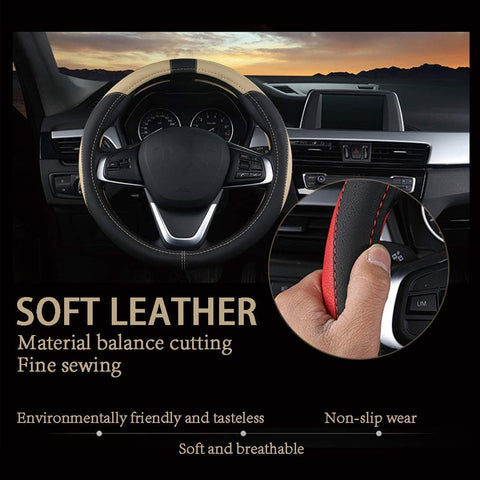 Leather Car Steering Wheel Cover Black Beige 15 Inch