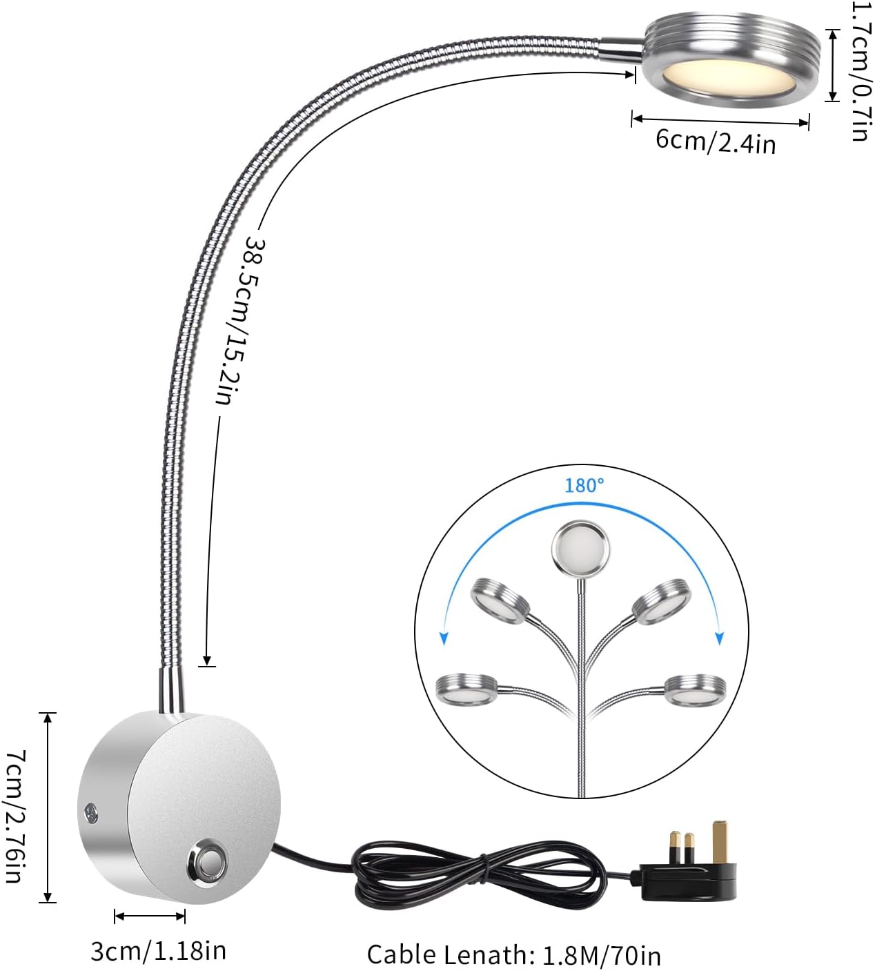 Floor lamp with flexible arm and measurements on a white background