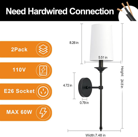 Hardwired Wall Light Set of 2 Vintage Black Candlestick Wall Sconces with Fabric Shade, Vintage Farmhouse Lighting for Bathroom Living Room Bedroom Dining Hallway