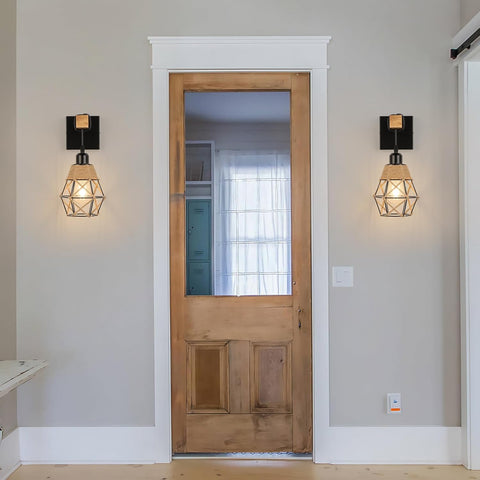 Vintage Industrial Wall Lights with Wood Arm 2 Pack
