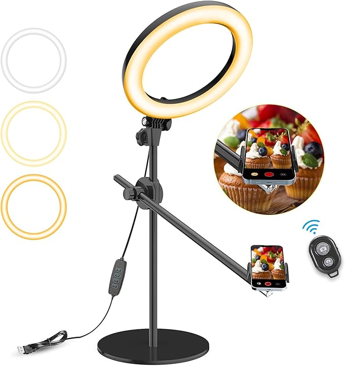 10.5Inch  Ring Light with Tripod Stand in UK - Bluetooth Control, 360° Rotatable, 3 Lighting Modes with 2 Shooting Positions, Overhead Tripod for Video Recording, Live Streaming, Makeup