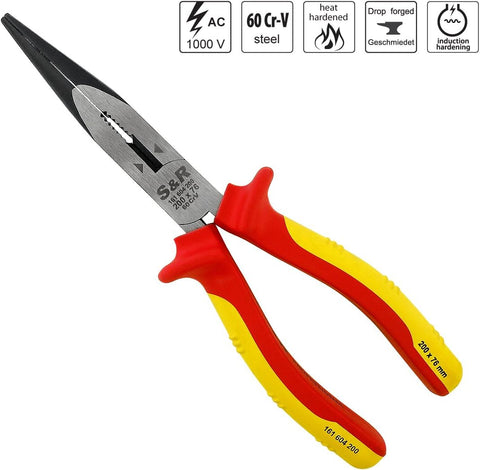 S&R VDE Long Flat Nose Pliers 200mm – 1000V Insulated