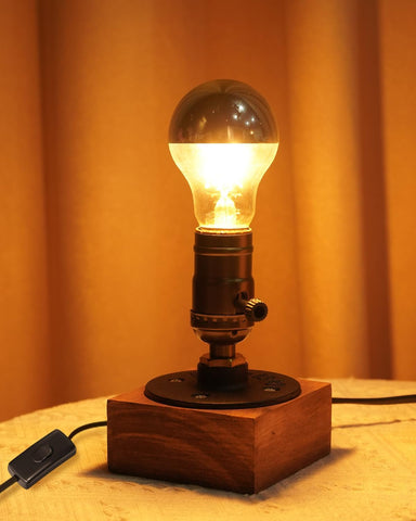 Vintage Industrial Table Lamp with 4W LED E27 Bulb – Wooden Retro Bedside & Desk Lamp with Warm 2700K Light, UK 3-Pin Plug & Inline Switch