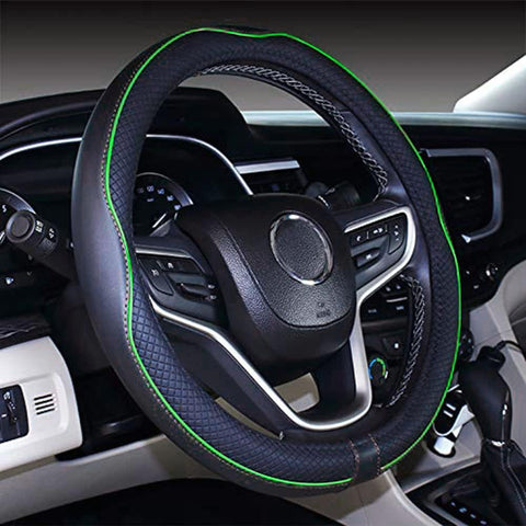 Microfiber Leather Car Steering Wheel Cover 15 Inch Anti-Slip Black Green