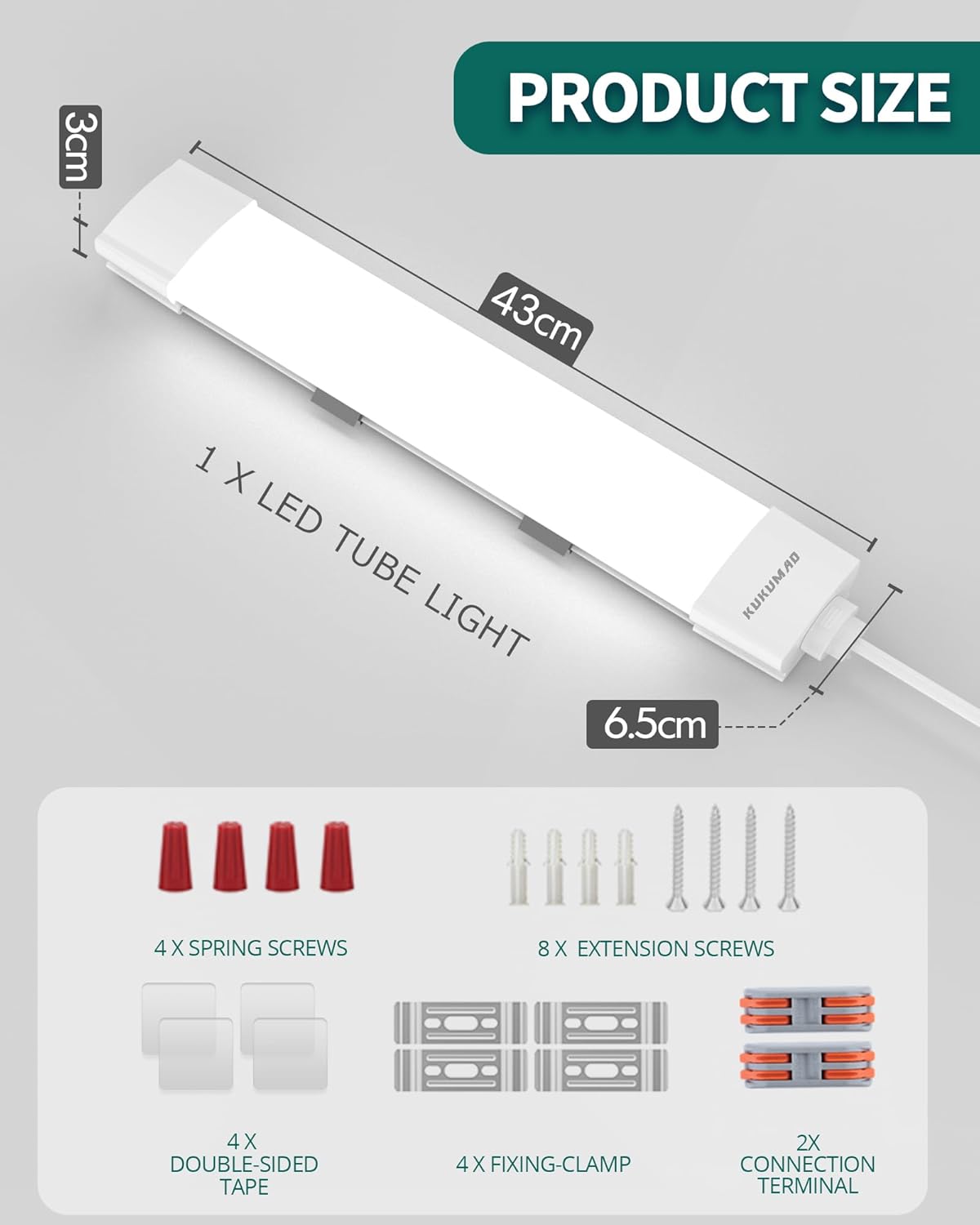 LED tube light with dimensions and components displayed on a gray background