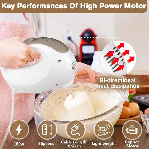 Hand Electric Mixer 180W – 5-Speed Handheld Beater with Turbo, Eject Button & 5 Stainless Steel Attachments for Baking, Cake & Dough