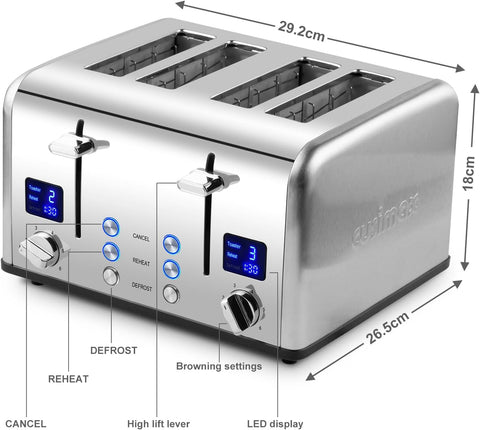 4 Slice Stainless Steel Toaster – Silver | LED Display, 4 Extra-Wide Slots, 6 Browning Levels, Defrost & Reheat