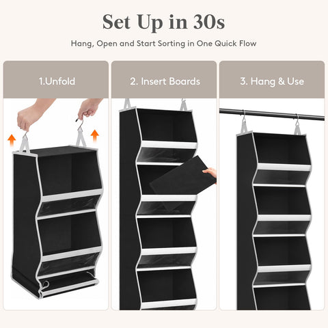 Lifewit 4-Tier Hanging Wardrobe Storage Organiser – Grey Foldable Closet Shelves with Clear PVC Window