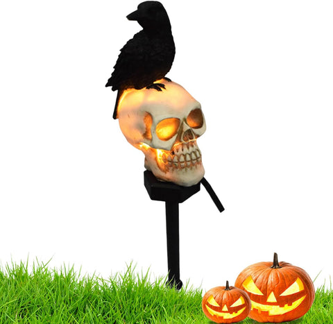 Halloween Pathway Lighting, Solar Garden Light,for 6-8 Hours Solar Powered LED Waterproof Crow Skull Garden Solar Lights Ground Plug-in for Lawn, Patio, Backyard, Look Left