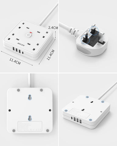 5M 4 Gang Extension Lead with USB C and 3 USB A Ports, Wall Mount Power Strip