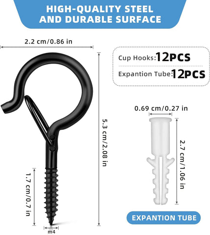 Esteopt 8 Pack Black Q-Hanger Screw-In Hooks with Safety Buckles – Steel Ceiling and Wall Hooks for Outdoor String Lights, Plants, Bird Feeders & Christmas Decorations