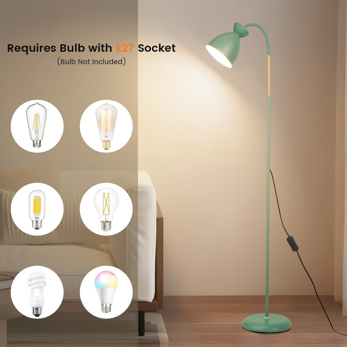 Green floor lamp with bulb compatibility icons in a room setting.