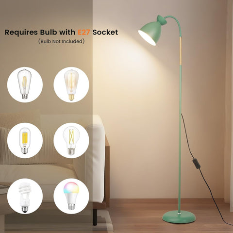 Green floor lamp with bulb compatibility icons in a room setting.