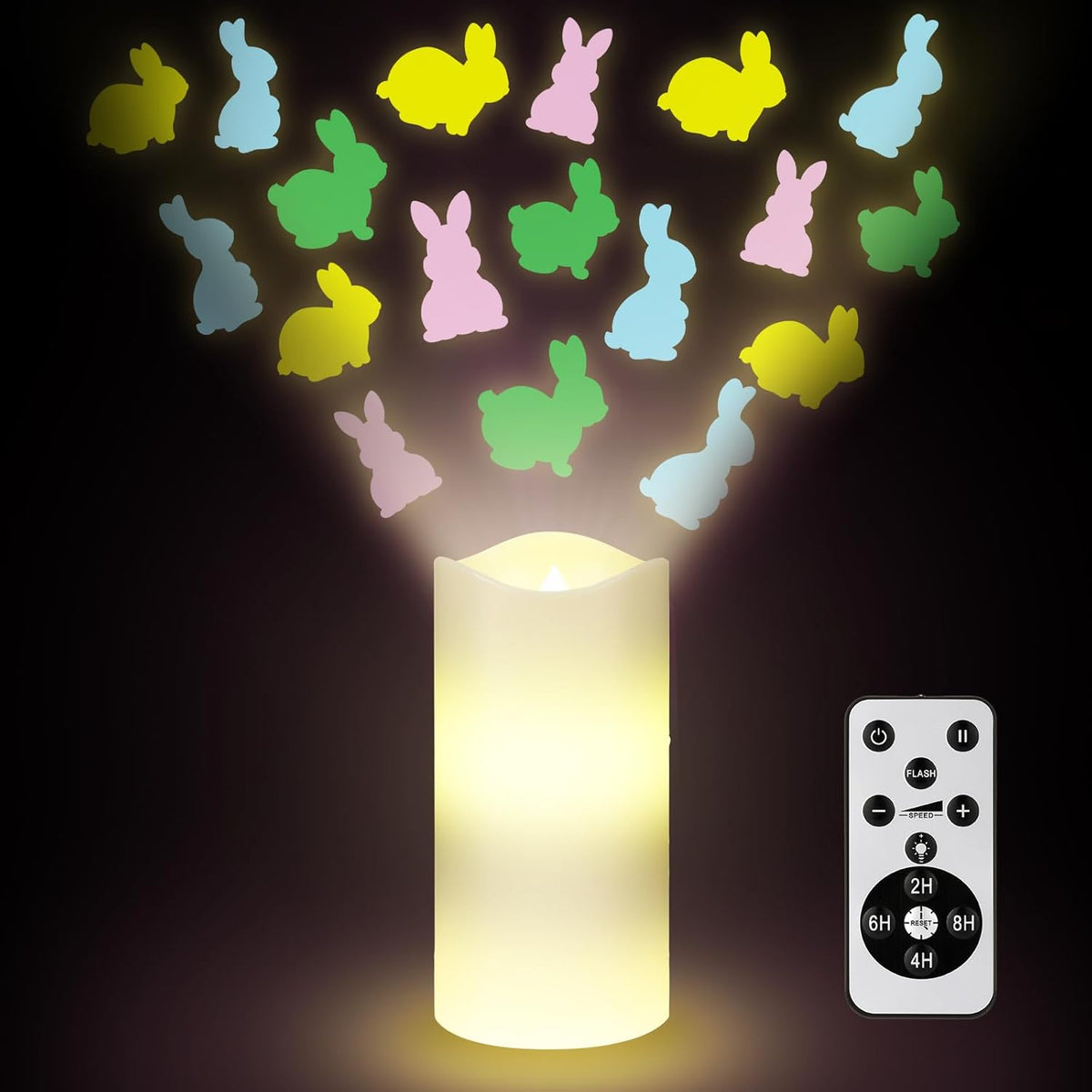 Easter Bunny LED Flameless Candle with Rotating Projector, Battery Operated Night Light with Remote & Timer for Spring Home Décor