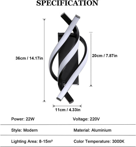 Modern LED Wall Light 22W Black Spiral Lamp