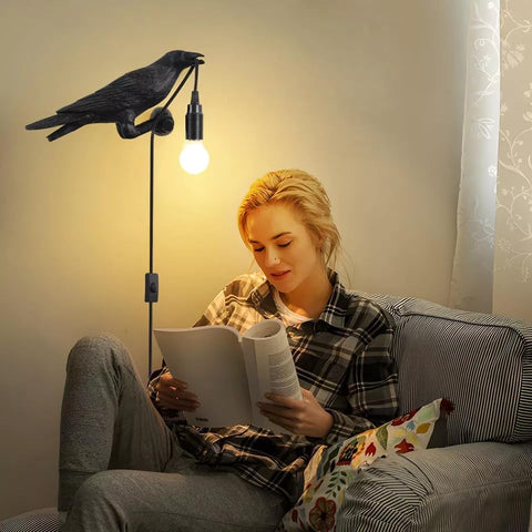 Black Birds Resin Crow Desk LED Lamp E27 Base Modern Raven Art Deco Bedside Decor Plug in Cord Wall Lamps for Bedroom, Office, College Dorm, Right Black Wall