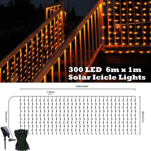 6M Solar Icicle Lights 300 LED Warm White – Outdoor Christmas Curtain Lights with Remote, 8 Modes & Timer - Turn Dark Evenings Into a Festive Glow